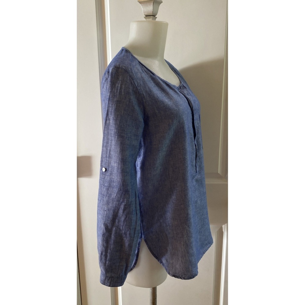 Max Studio Blue Long Sleeve Henley Linen Blend Popover Size Small Rolled Sleeve - Picture 5 of 11